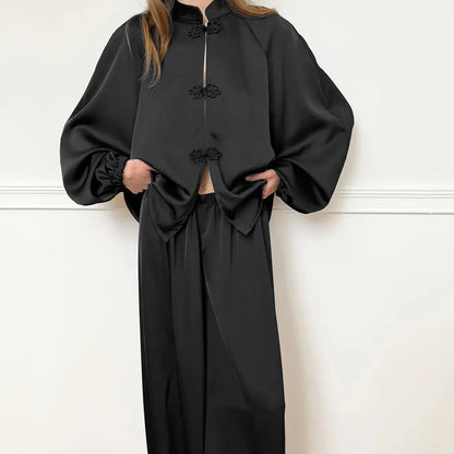 Casual Loose Woven Inelastic Pajamas 2 Piece Suit Long Sleeves Medium Collar Single-Breasted Top Full Length Pants