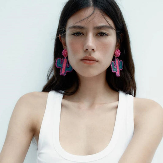 Rose And Green Color Cactus Earrings For Women