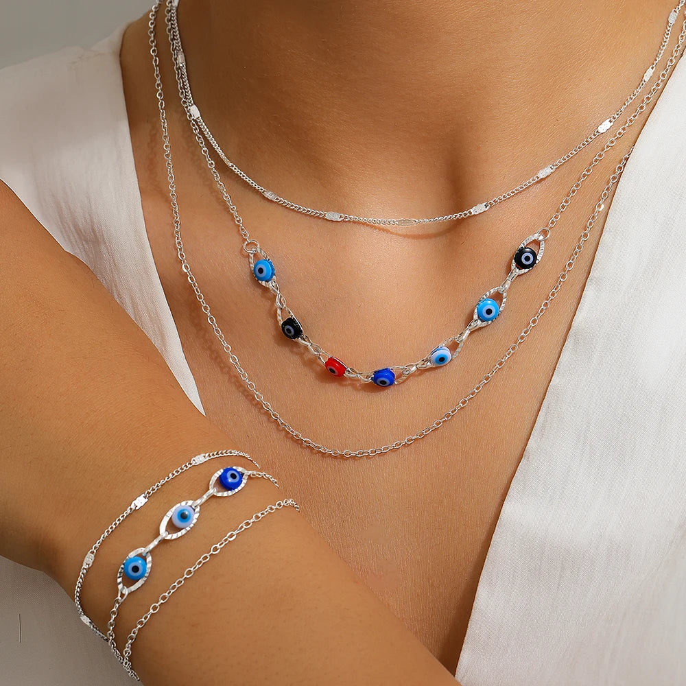 Steel Jewelry Set Layers Fashion Chain Inlaid Colorful Small Eye Design Exquisite Jewelry Set For Women