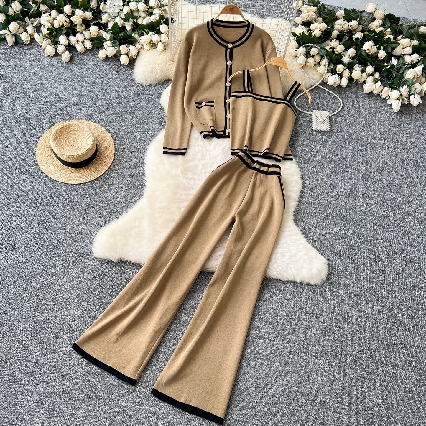 Women Three-Piece Sets Slim Single Breasted Coat Straps Camis Top High Waist Wide Leg Pants High Street Autumn Winter Clothing