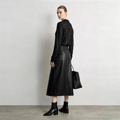 Women's Faux Leather A-Line Midi Skirt Loose Pockets Slim High Waist