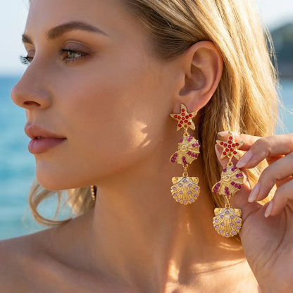 Luxurious Sparkling Zircon Metal Starfish Earrings for Women Bohemia Gold Color Conch Shell Tassel Drop Earrings Beach Jewelry