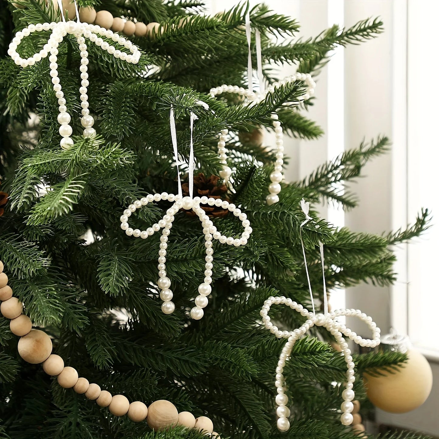 6/12pcs New Hand Woven Imitation Pearl Bow Christmas Decoration