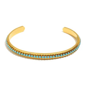 Fashion Waterproof Stainless Steel Shiny Colorful Turquoise Rhinestone Cuff Bracelets For Women