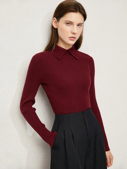 Minimalism Sweater for Women Autumn New Office Lady Basic Lapel Striped Slim Knitted Tops