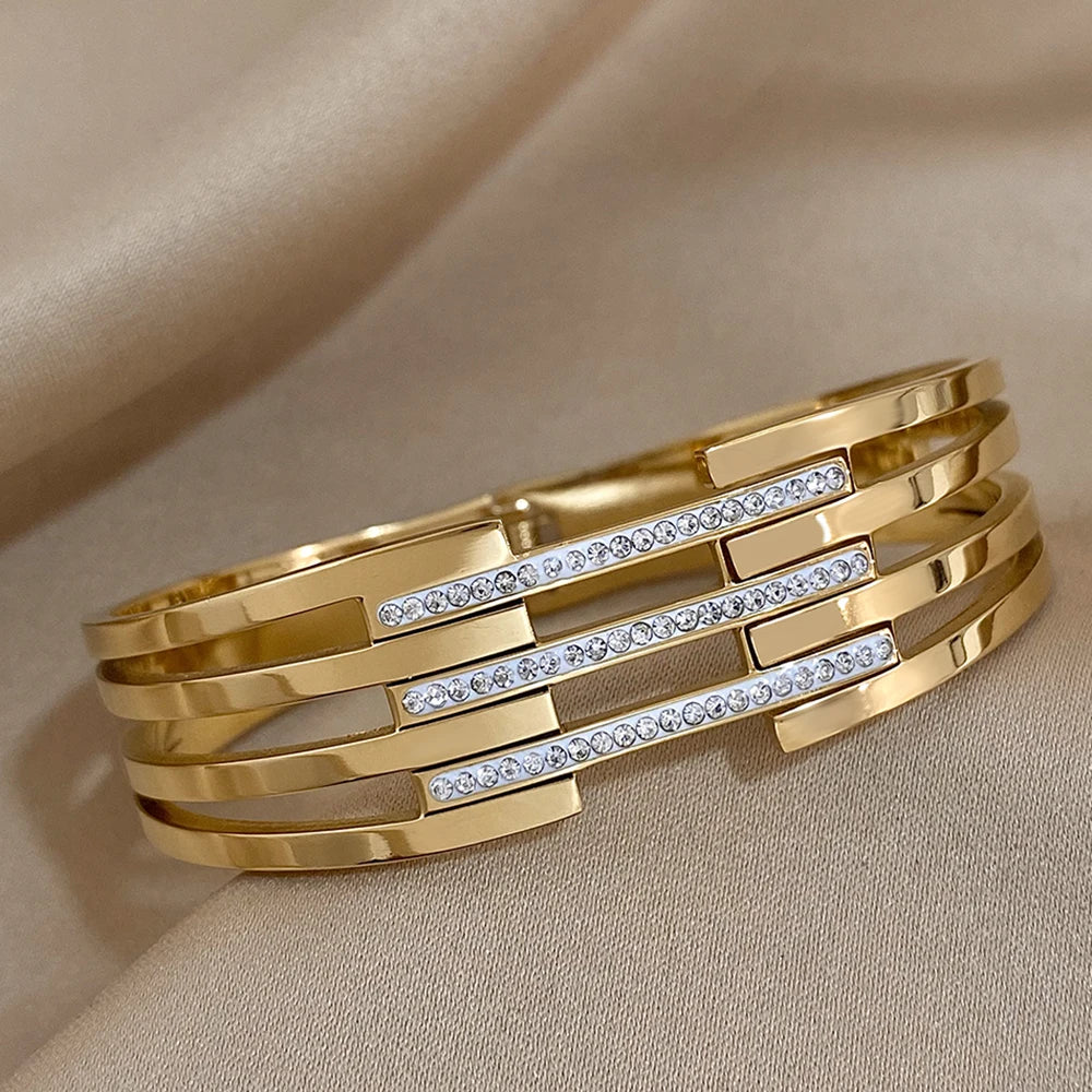 Bracelets for Women Luxury Zircon Intersect Gold Plated Metal Wide Jewelry