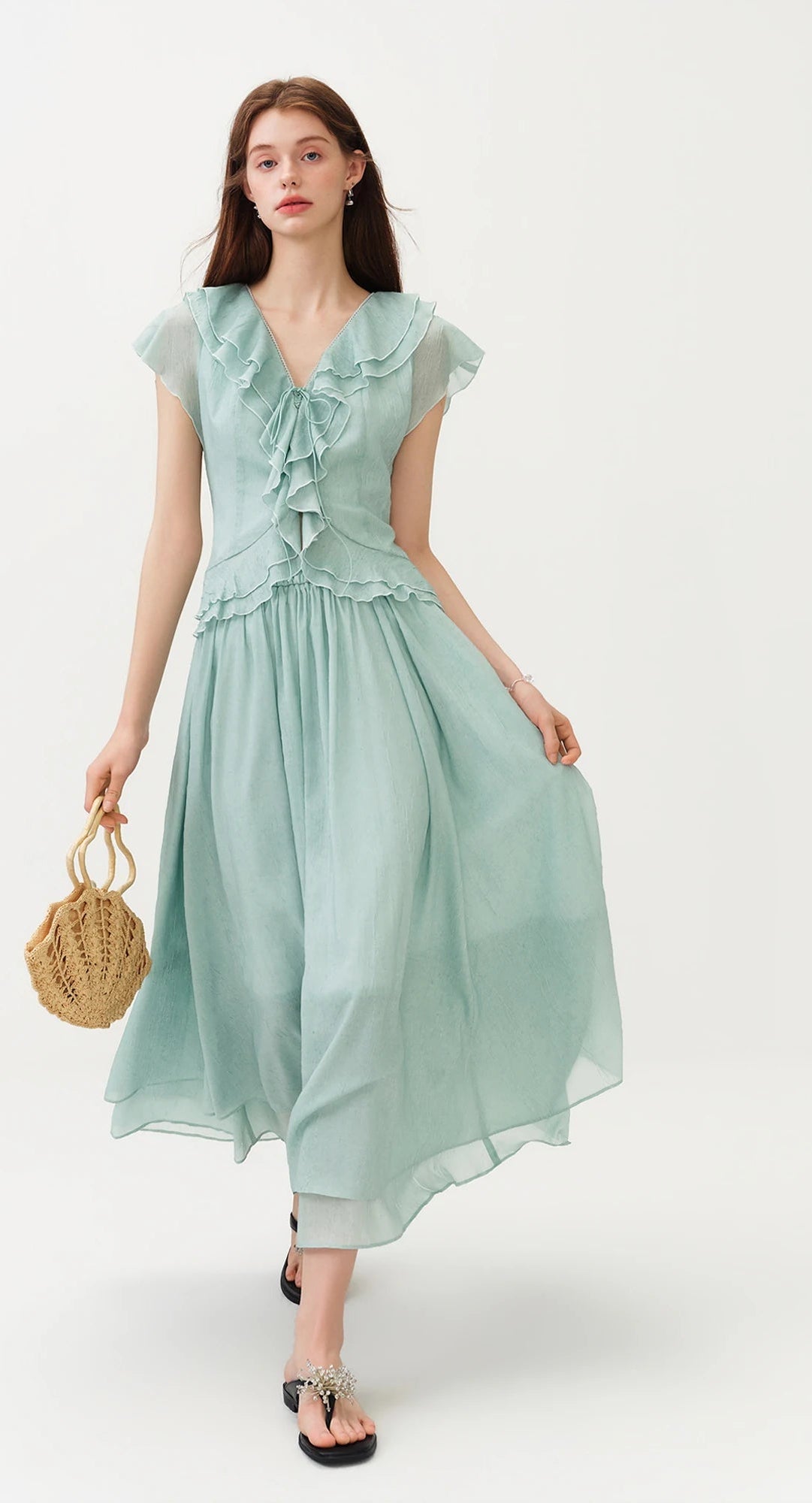 Mint Green Ruffled V-neck Chiffon Blouse and Skirt Women New Style Slimming Waist Solid Sets