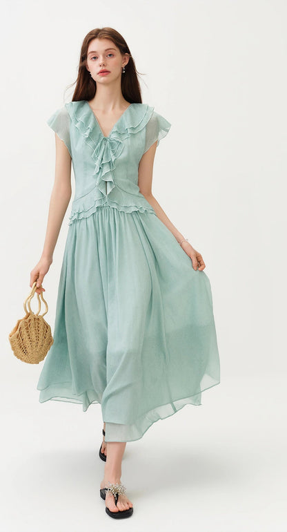 Mint Green Ruffled V-neck Chiffon Blouse and Skirt Women New Style Slimming Waist Solid Sets