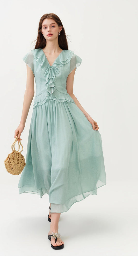 Mint Green Ruffled V-neck Chiffon Blouse and Skirt Women New Style Slimming Waist Solid Sets