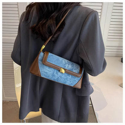 Retro Blue Denim Patchwork Bag New Women's  Magnetic Buckle Zipper Shoulder  Handbag