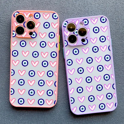 Evil Eye Glossy Heart Pattern Phone Case for iPhone 14 15 Pro Max Plus 11 12 13 Mini Pro Max 16 17 Pro Max Shockproof Back Cover