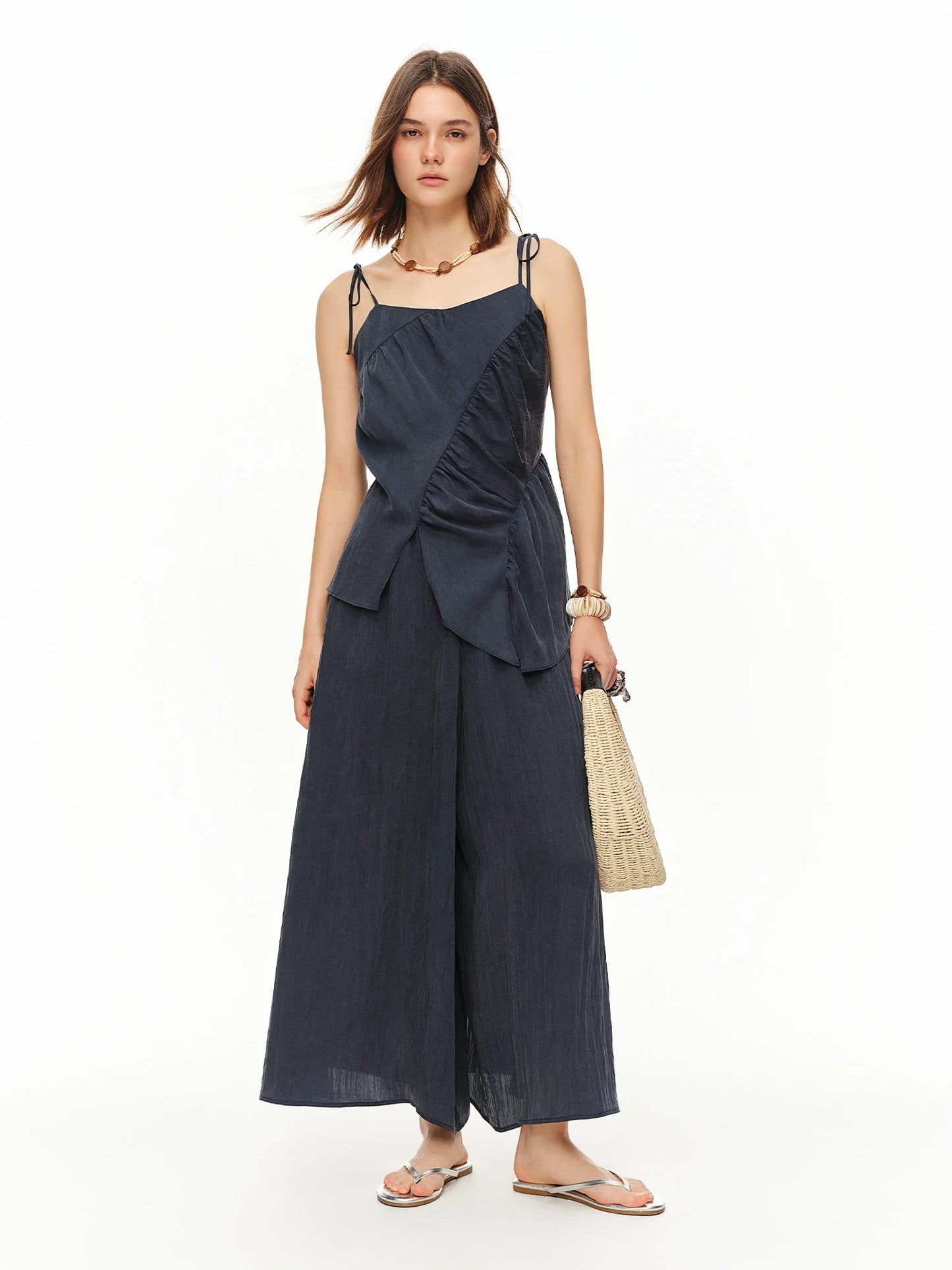 Women Shirred Camisole Trousers Two Piece Set Drawstring Relaxed Fit Lounge Co-ord Beach Casual Vacation Style