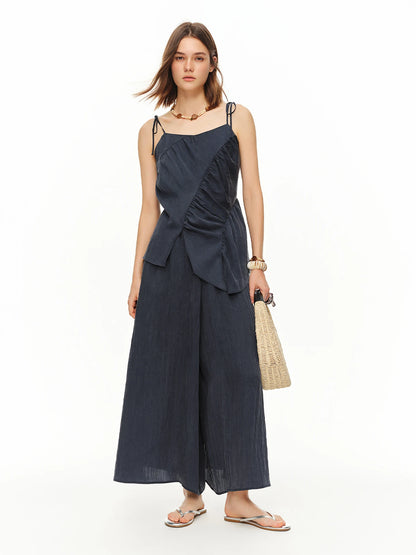 Women Shirred Camisole Trousers Two Piece Set Drawstring Relaxed Fit Lounge Co-ord Beach Casual Vacation Style
