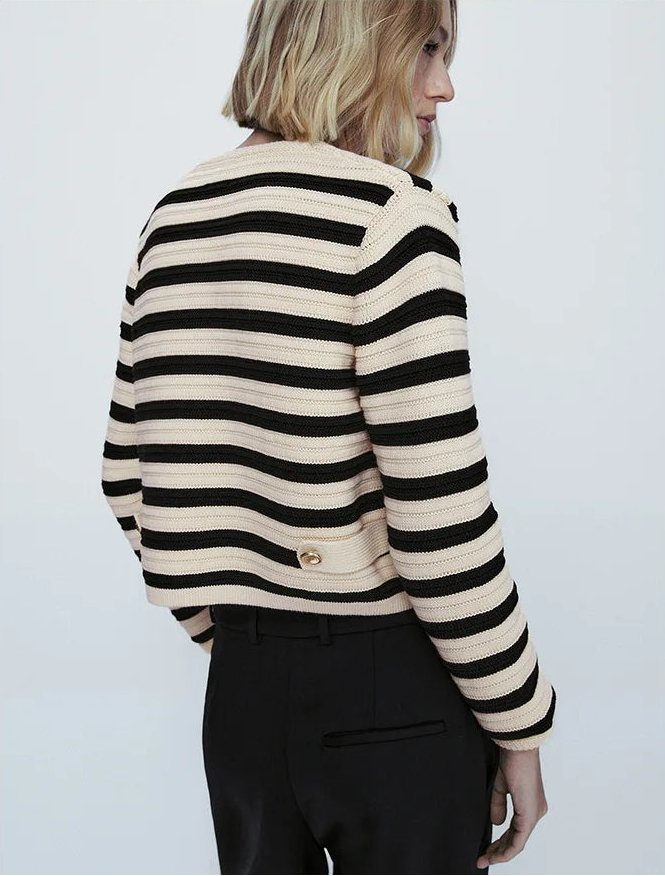 Autum new arrival sweater button black and white stripes knitting cardigan short outwear
