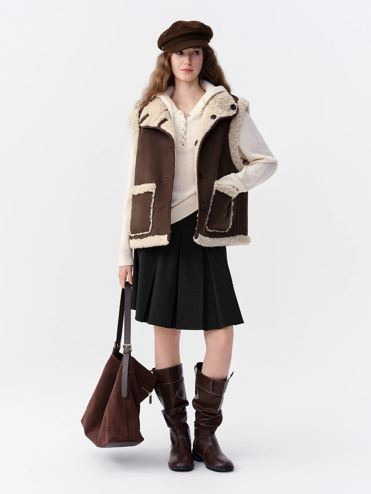 Women Faux Shearling Reversible Vest Suede-Like Lamb Fur Stand Collar Double-Side