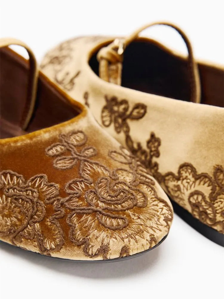 Velvet Effect Embroidered Flowers Ballet Flats Women's