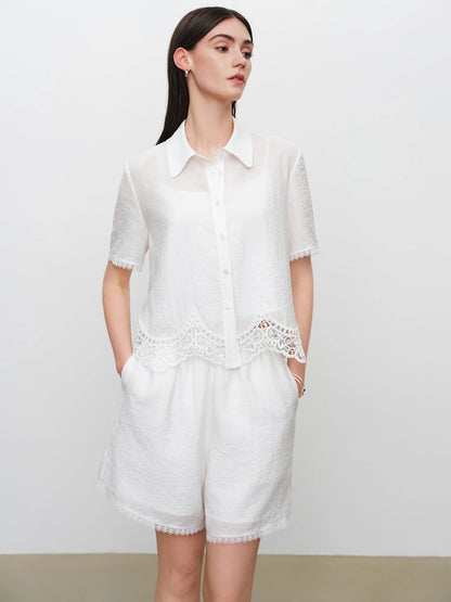Summer Women's White Lace Trim Shirt and Shorts - Elegant Coordinated Outfit for Daily and Vacation Wear