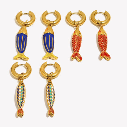 Colored Blue Green Oil Dripping Fish Earrings Enamel Hoop Earring Women's Hypoallergenic Tarnish Free Jewelry