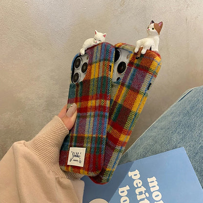 Fashion Warm Plush Plaid Grid Pattern 3D Cat Case For iPhone 16 15 14 13 12 Pro Max Creative Bumper Back Cover