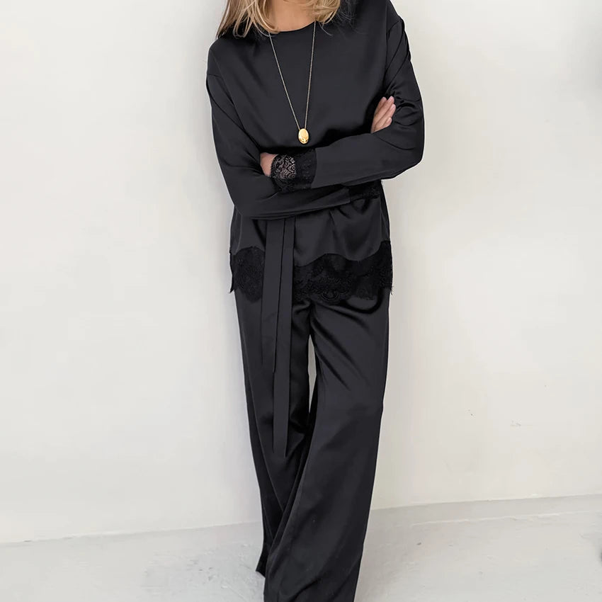 Black Fashion Loose Woven Elastic Ladies Pajamas Two-Piece Round Neck Long Sleeve Lace Top Elastic Waist Full Length Pants