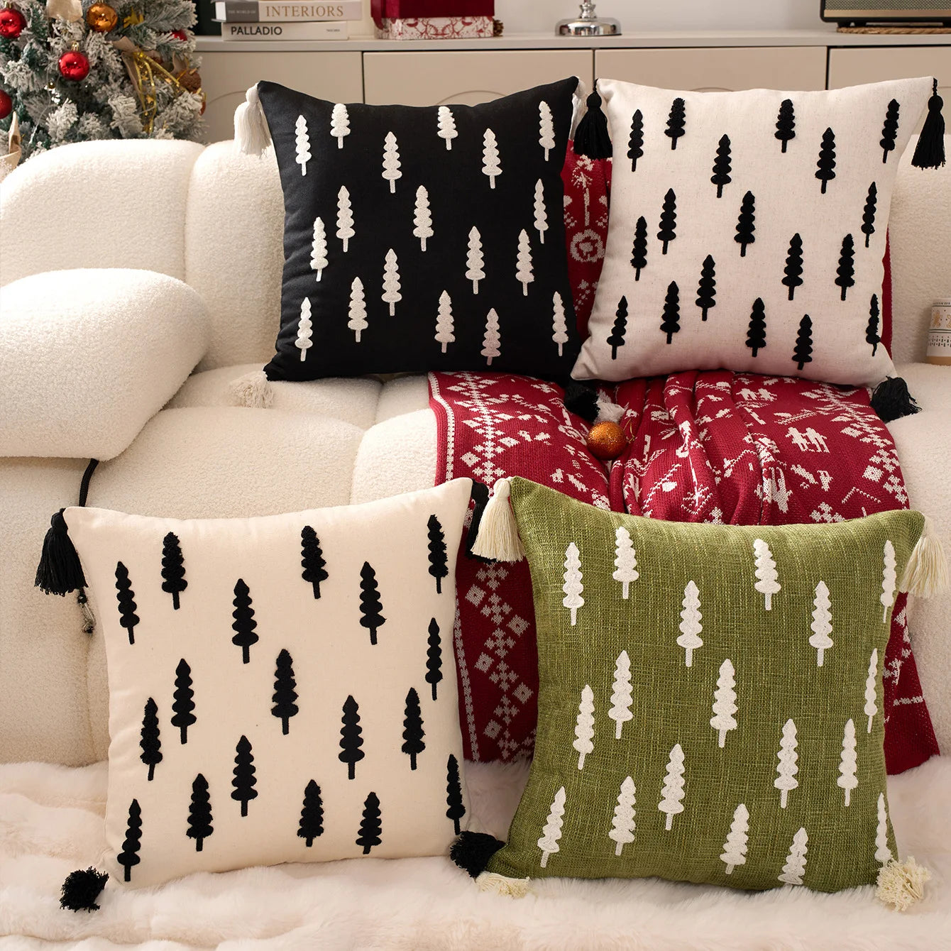 1PCS Black And White Christmas Tree Embroidered Canvas Pillow Cover