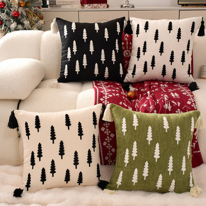 1PCS Black And White Christmas Tree Embroidered Canvas Pillow Cover