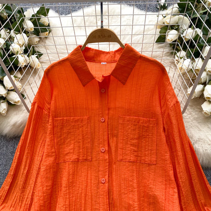 Elegant Polo-neck Vintage Long Flare Sleeves Chic Single Breasted Shirts High Waist Wide Leg Short Pants Sets