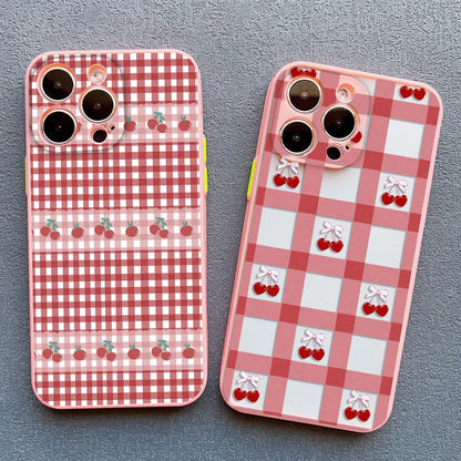 Cute Fashion Girl Cherry Grid Pattern Phone Case for iPhone 15 16 Pro Max Plus 14 11 12 13 Mini Pro Max X XS XR 7 8 Plus Covers