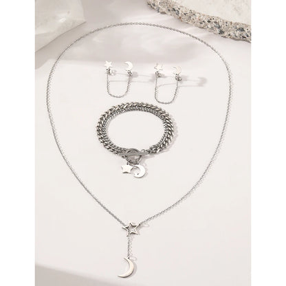 Steel Jewelry Set Tassel Earrings Double Chain Bracelet Star Moon For Women