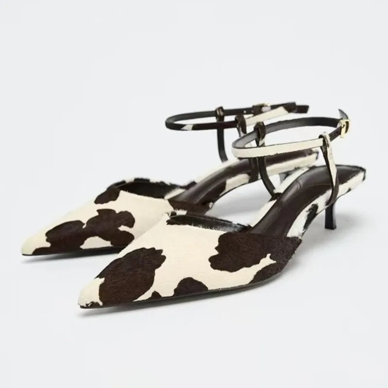 Suede Designer Pumps Woman Ankle Strap Pointed Toe High Heels Female Cow Pattern Fashion