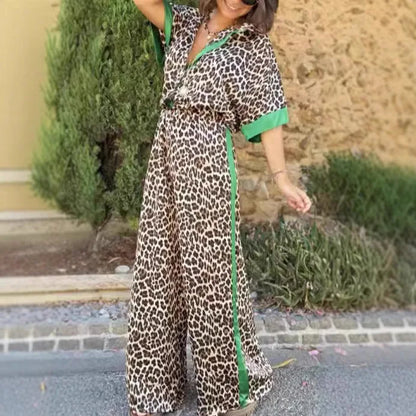 Casual Leopard Print Suit For Women Shirt Elastic Waist Trousers 2 Piece Set