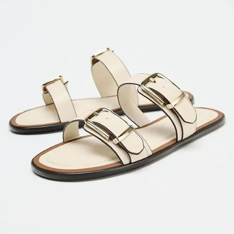 Brown Metal Buckle Brand Sandals Women Slides Open Toe