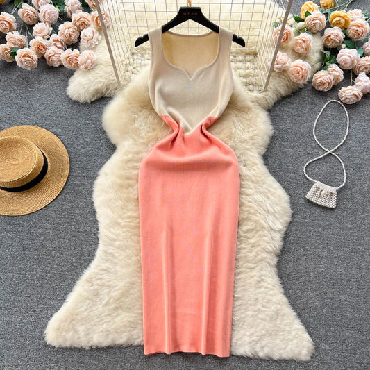 Women Dress New Fashion Vintage Color Patchwork One Piece Knitted Bodycon Dress