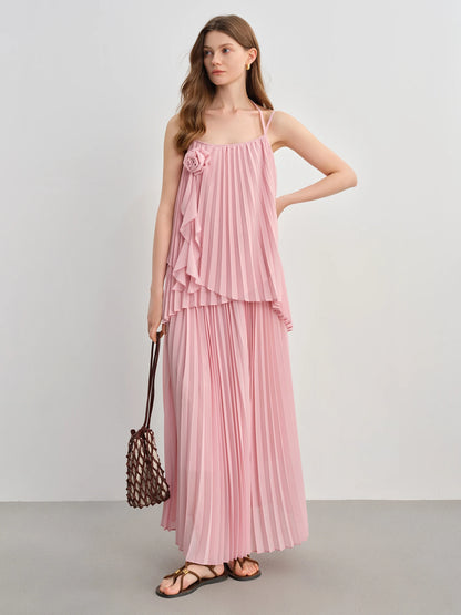Plus Size Fashion Suit for Women New Three-dimensional Flower Strappy Blouse High Waist Pleated Long Skirt