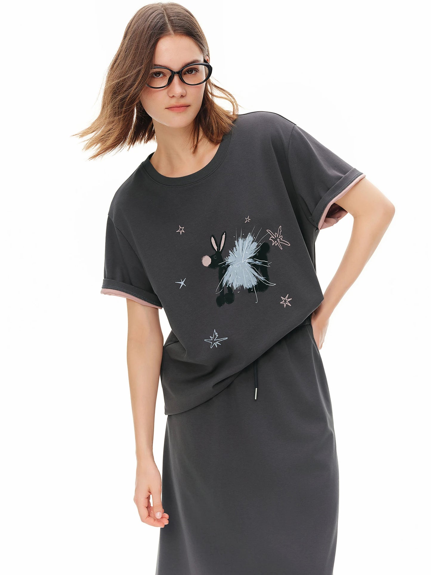 Women Sweet Cartoon Hand-Painted Print Casual T-Shirt and Skirt