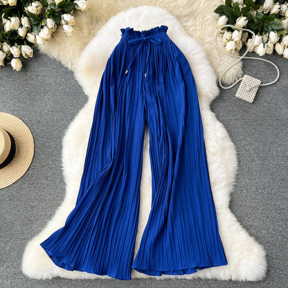 Basics Casual Pants Women Summer Oversize Draped Wide Legs Pants High Waist Solid Long Pleated Trousers