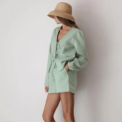 Relaxed Fit Women'S Cotton Pajamas Suit Green Tie Front Bell Sleeve Top And Elastic Waist Shorts Sleepwear Casual Loungewear