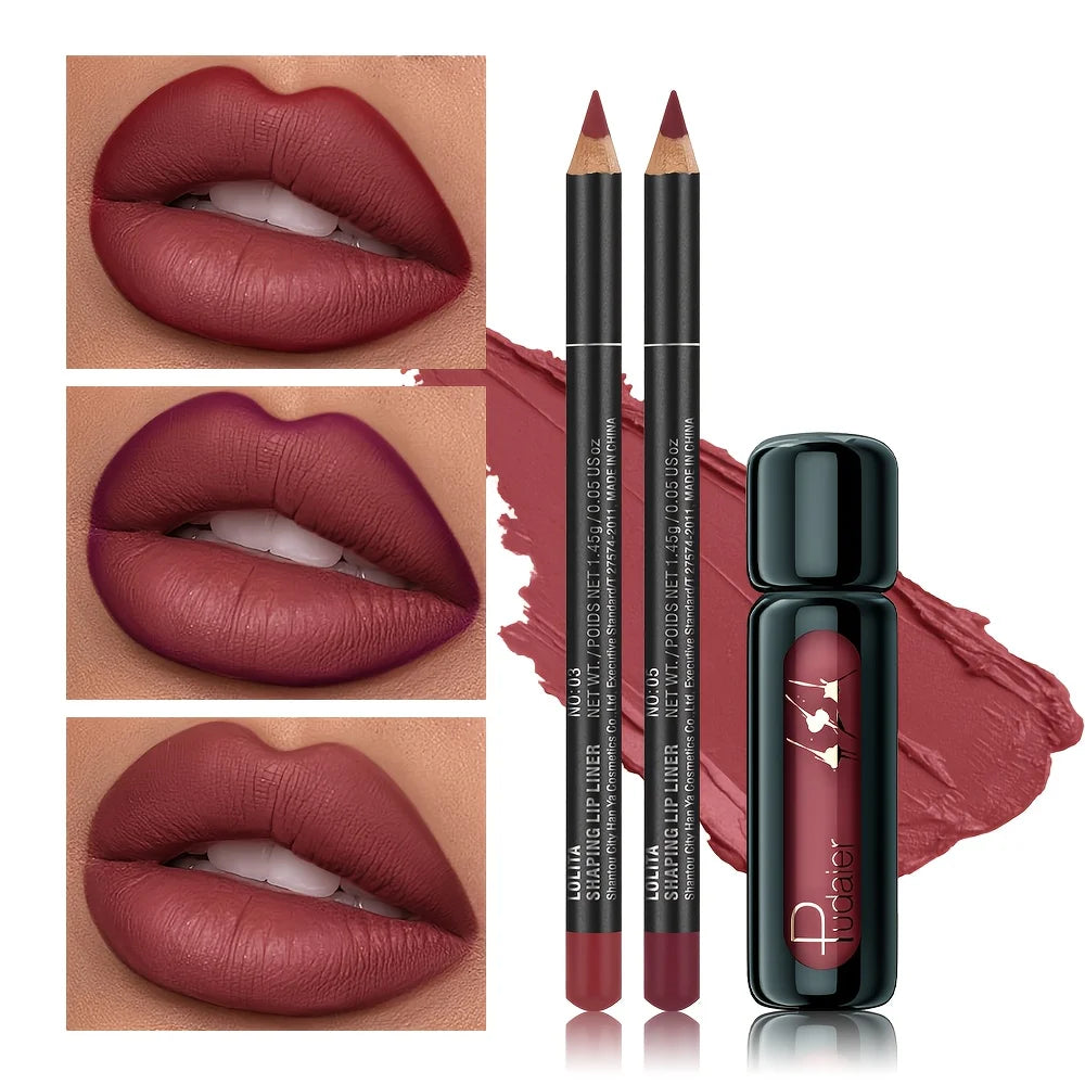 3PCS Matte Lip Liner & Lip Gloss Set,Long Lasting Waterproof Non-Stick Velvet Lip Makeup, Smooth Lip Mud Gift for Women