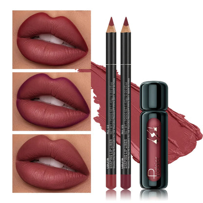 3PCS Matte Lip Liner & Lip Gloss Set,Long Lasting Waterproof Non-Stick Velvet Lip Makeup, Smooth Lip Mud Gift for Women