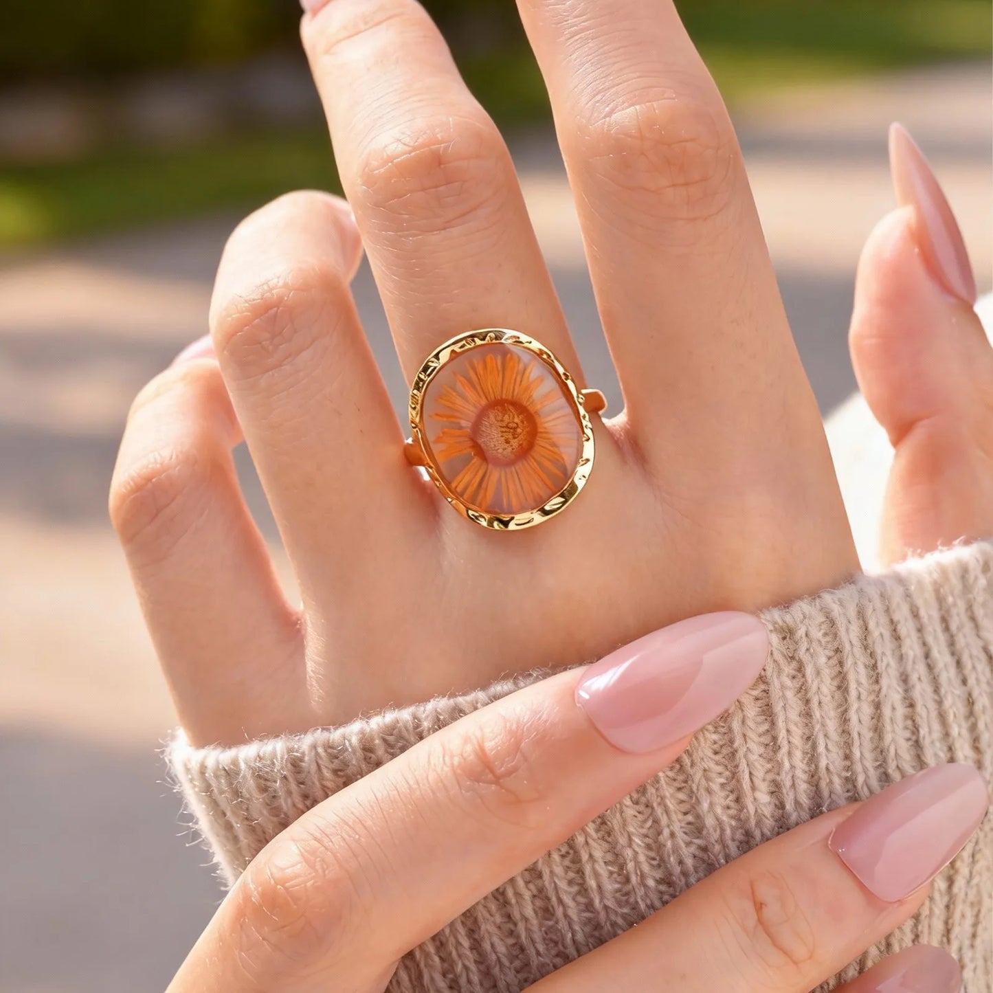 Stainless Steel Rings for Women Dried Flower Resin Jewelry Dainty Geometric Open Adjustable Vintage Floral Rings Waterproof