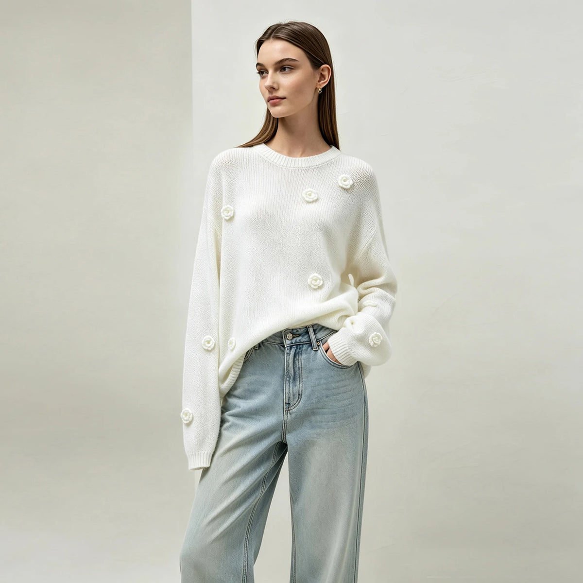 Women's Crew Neck Autumn Sweater Drop Shoulder Long Sleeve