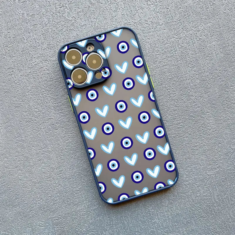 Evil Eye Glossy Heart Pattern Phone Case for iPhone 14 15 Pro Max Plus 11 12 13 Mini Pro Max 16 17 Pro Max Shockproof Back Cover