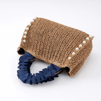 Pearls Straw Bags for Women Bohemian Ruched Handle Handbags Summer Woven Tote Bag Handmade Travel Beach Bag Small Shopper