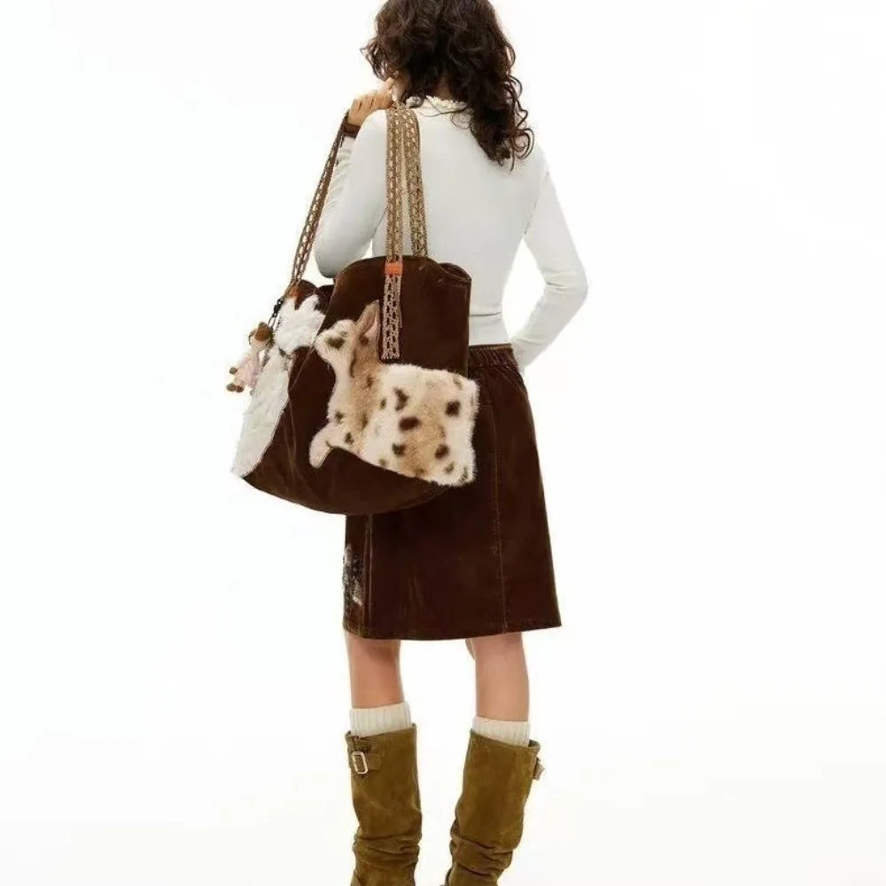 Cute Retro Cat Tote Bag Women Leather Texture Plush Large Capacity Shoulder Bag