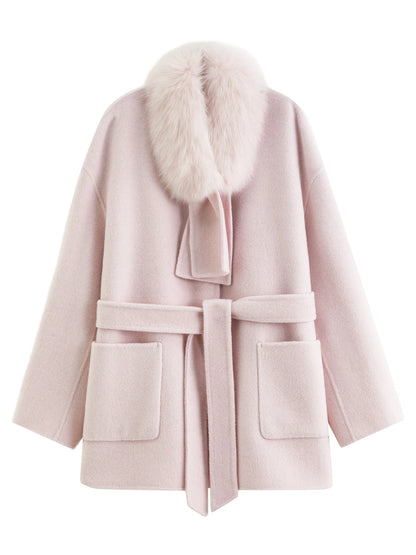 Wool-blend Coat Women Fox Fur Collar Thick Loose Mid Length for Winter