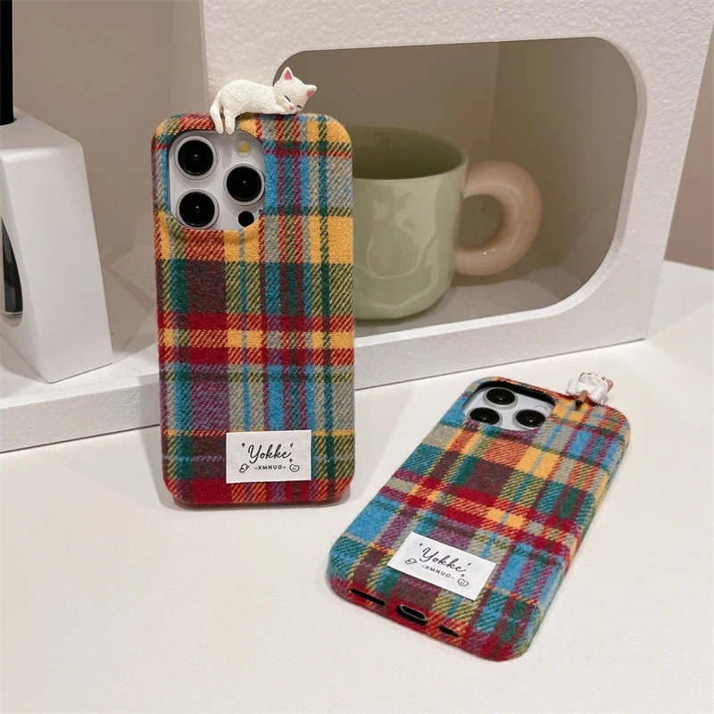 Fashion Warm Plush Plaid Grid Pattern 3D Cat Case For iPhone 16 15 14 13 12 Pro Max Creative Bumper Back Cover