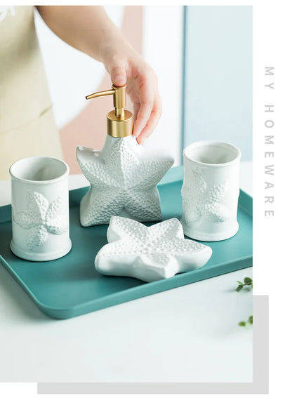 Porcelain Bathroom Set Bathroom  Ceramic Starfish Shell Soap Dispenser Gargle Cup Bathroom Accessories Shower Gel Divided Bottle Soap Dish