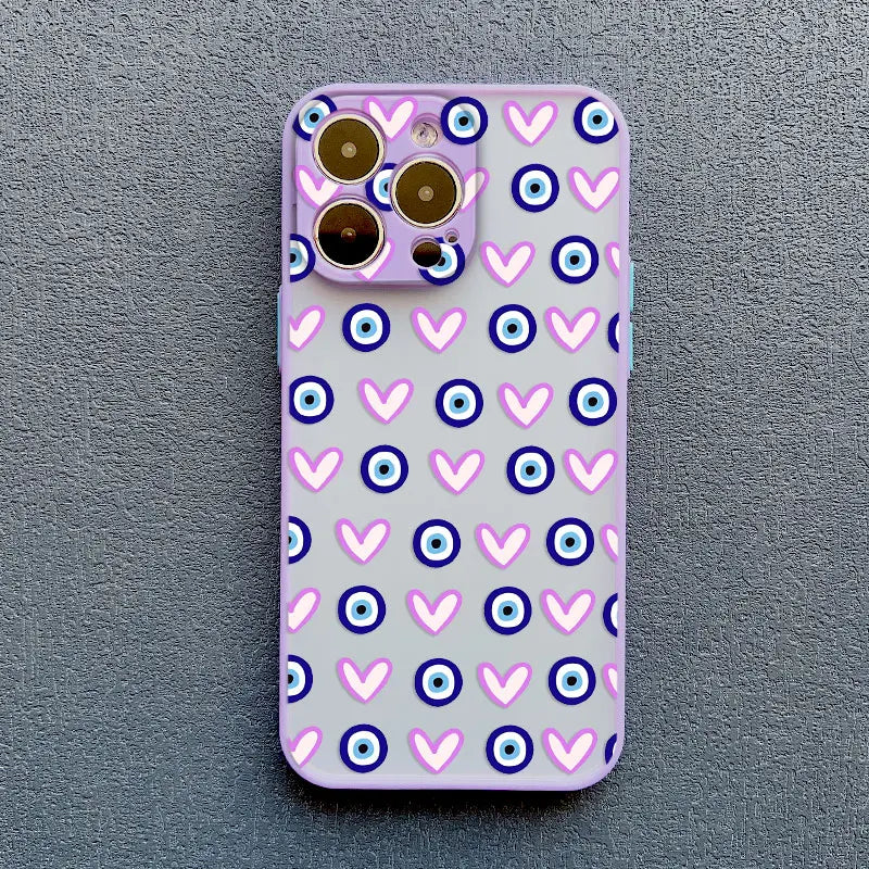 Evil Eye Glossy Heart Pattern Phone Case for iPhone 14 15 Pro Max Plus 11 12 13 Mini Pro Max 16 17 Pro Max Shockproof Back Cover