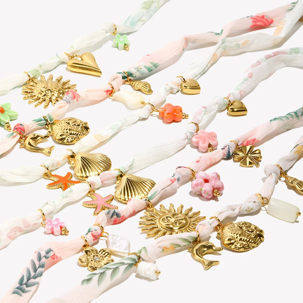 New Fashion 18K Gold Plated Ribbon Flower Starfish Fossil Shell Sun Pendant Necklace Stainless Steel Neck Jewerly