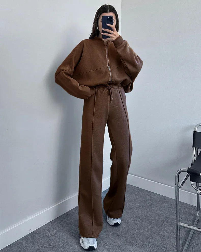 Two Piece Sets Round Fashion Simple Jacket Casual Straight Leg Pants Autumn Winter High Street Lady Suit